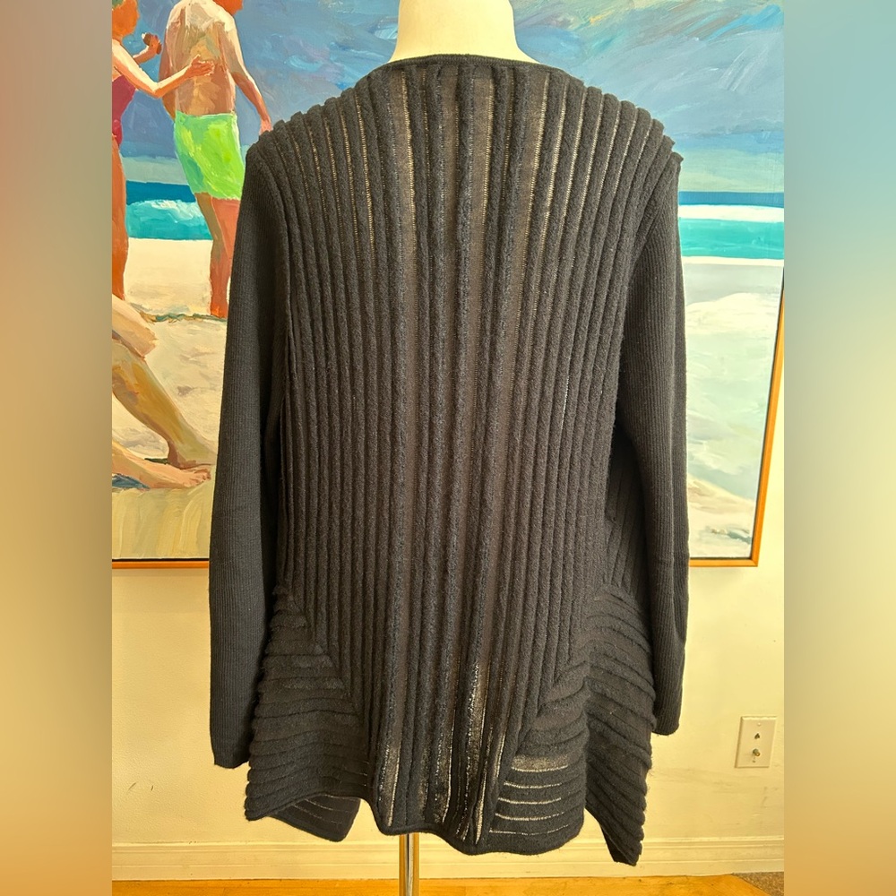 EILEEN FISHER Black Felt Ladder Italian Asymmetrical Hem Wool Cardigan, Sz L - Picture 3 of 14